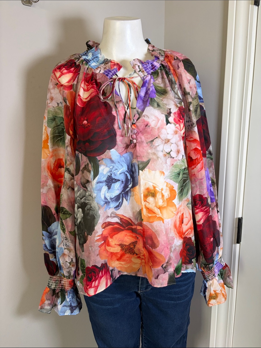 Alice and Olivia Norah Ruffle Peasant Top Cotton Silk Red Blue Floral Sz S - Picture 3 of 13